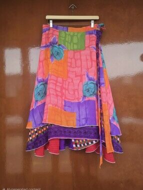 Camaieu Free Size XS-XL Vibrant Multi-Color Floral Wrap Skirt - Pink & Turquoise